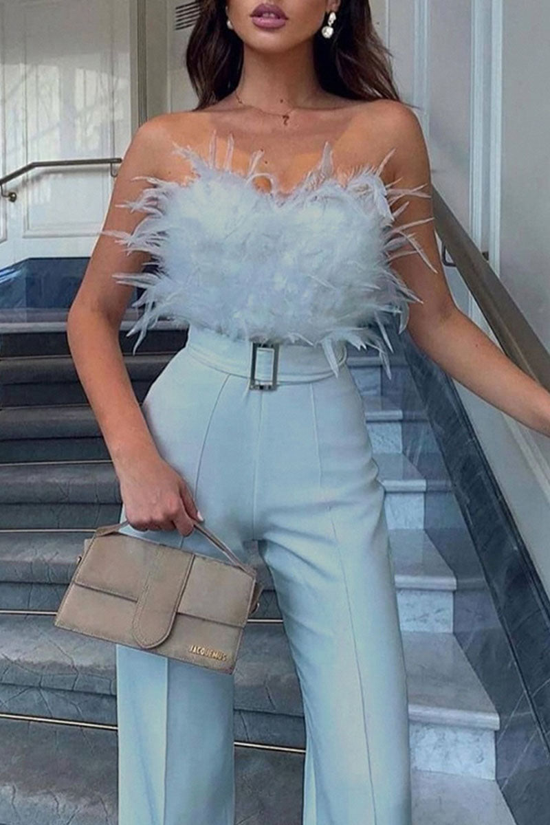 Sexy Solid Patchwork Feathers With Belt Strapless Straight Jumpsuits(Contain The Belt)