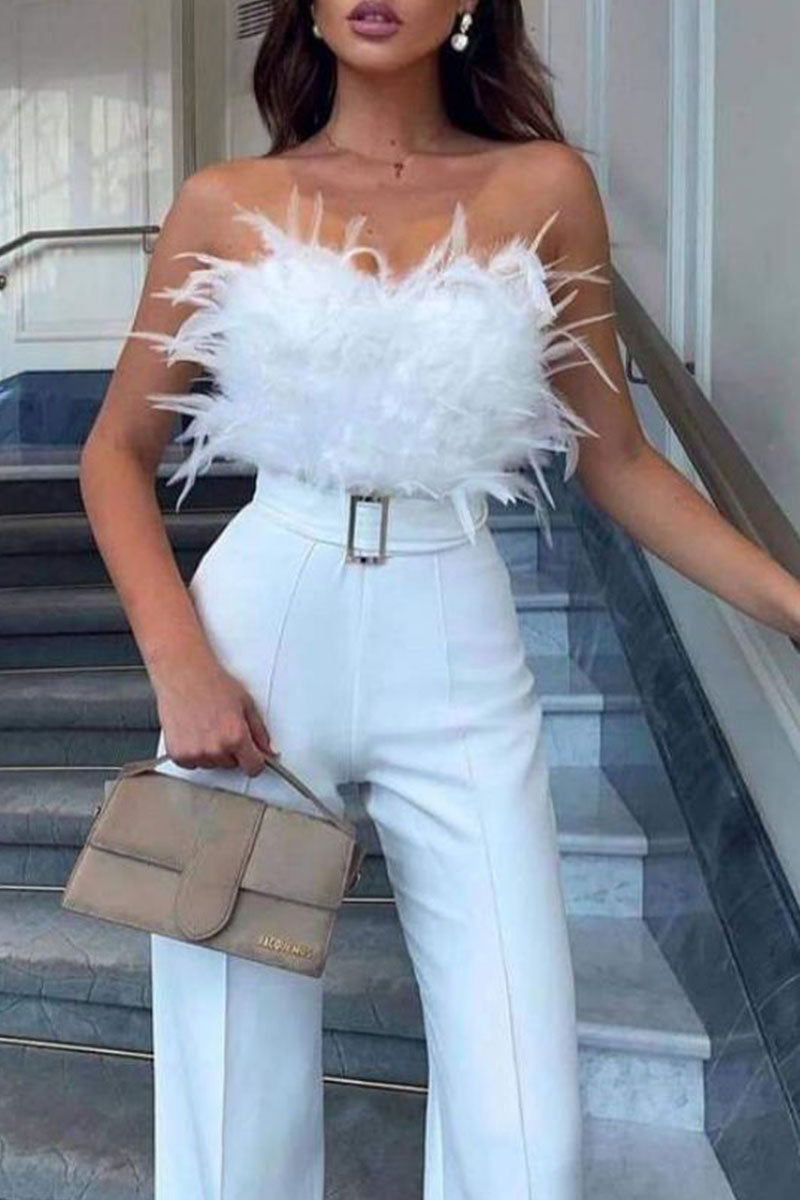 Sexy Solid Patchwork Feathers With Belt Strapless Straight Jumpsuits(Contain The Belt)