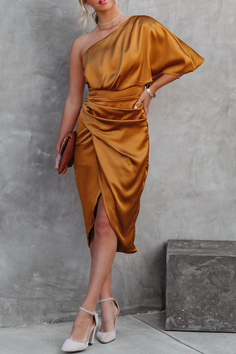Elegant Solid Patchwork Fold Oblique Collar Evening Dress Dresses