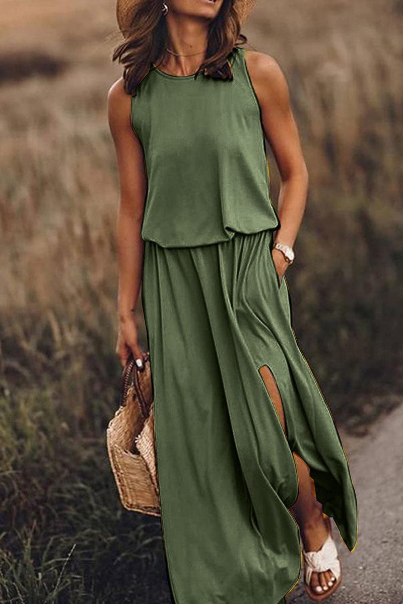 Casual Solid Patchwork Slit O Neck Straight Dresses