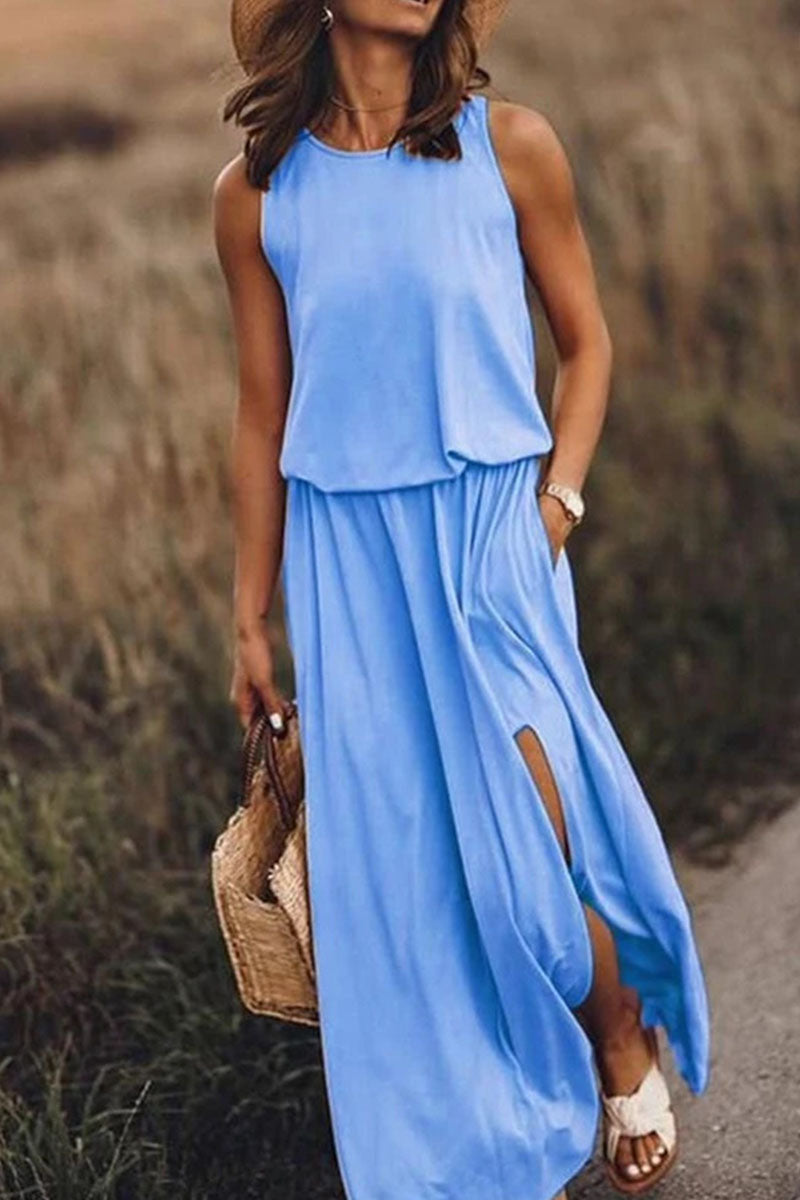 Casual Solid Patchwork Slit O Neck Straight Dresses