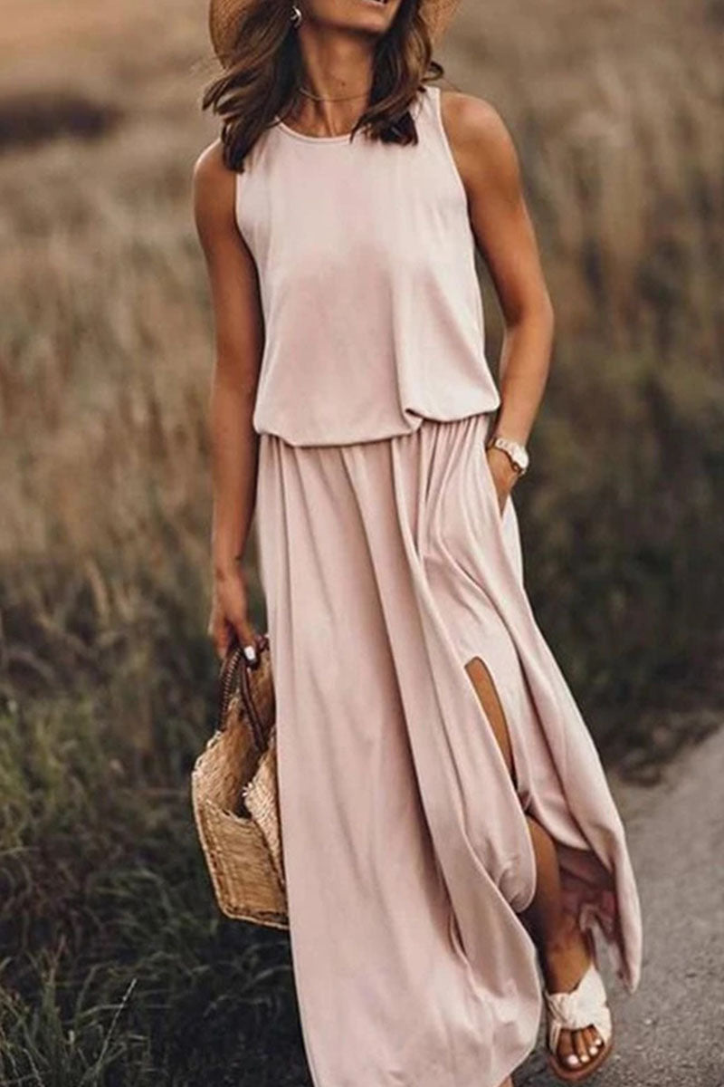 Casual Solid Patchwork Slit O Neck Straight Dresses