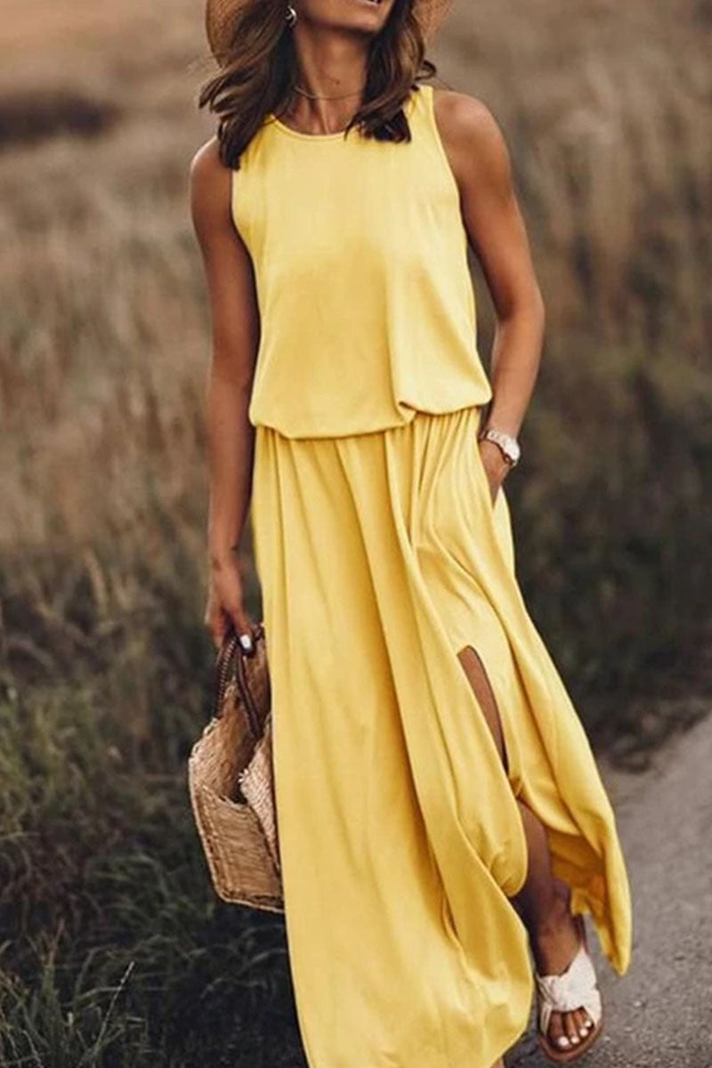 Casual Solid Patchwork Slit O Neck Straight Dresses