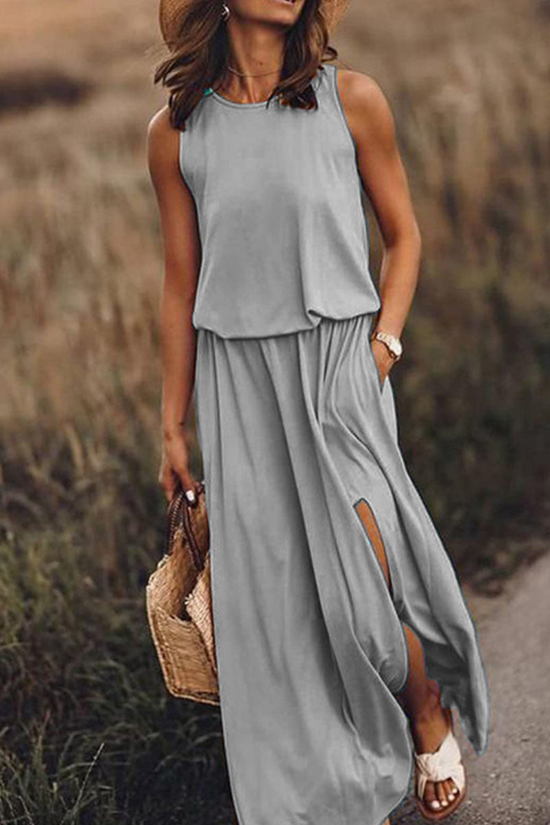 Casual Solid Patchwork Slit O Neck Straight Dresses