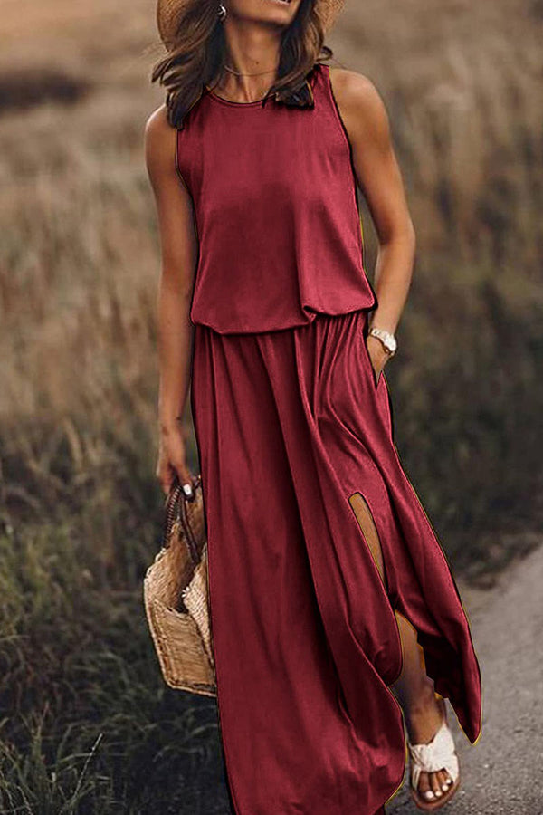 Casual Solid Patchwork Slit O Neck Straight Dresses