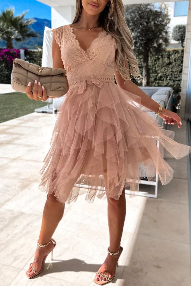 Fashion Solid Mesh V Neck Cake Skirt Dresses