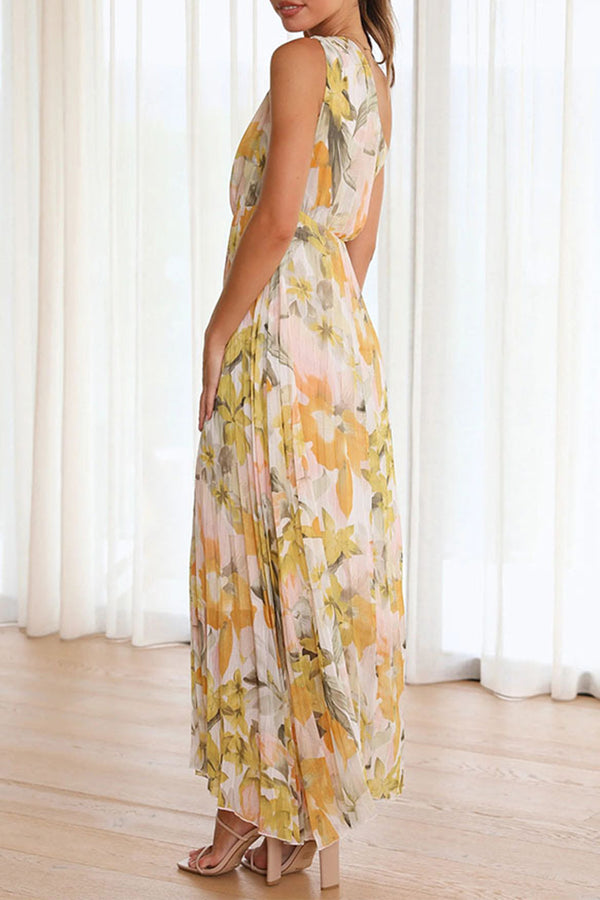 Elegant Vacation Floral Fold Oblique Collar Printed Dress Dresses