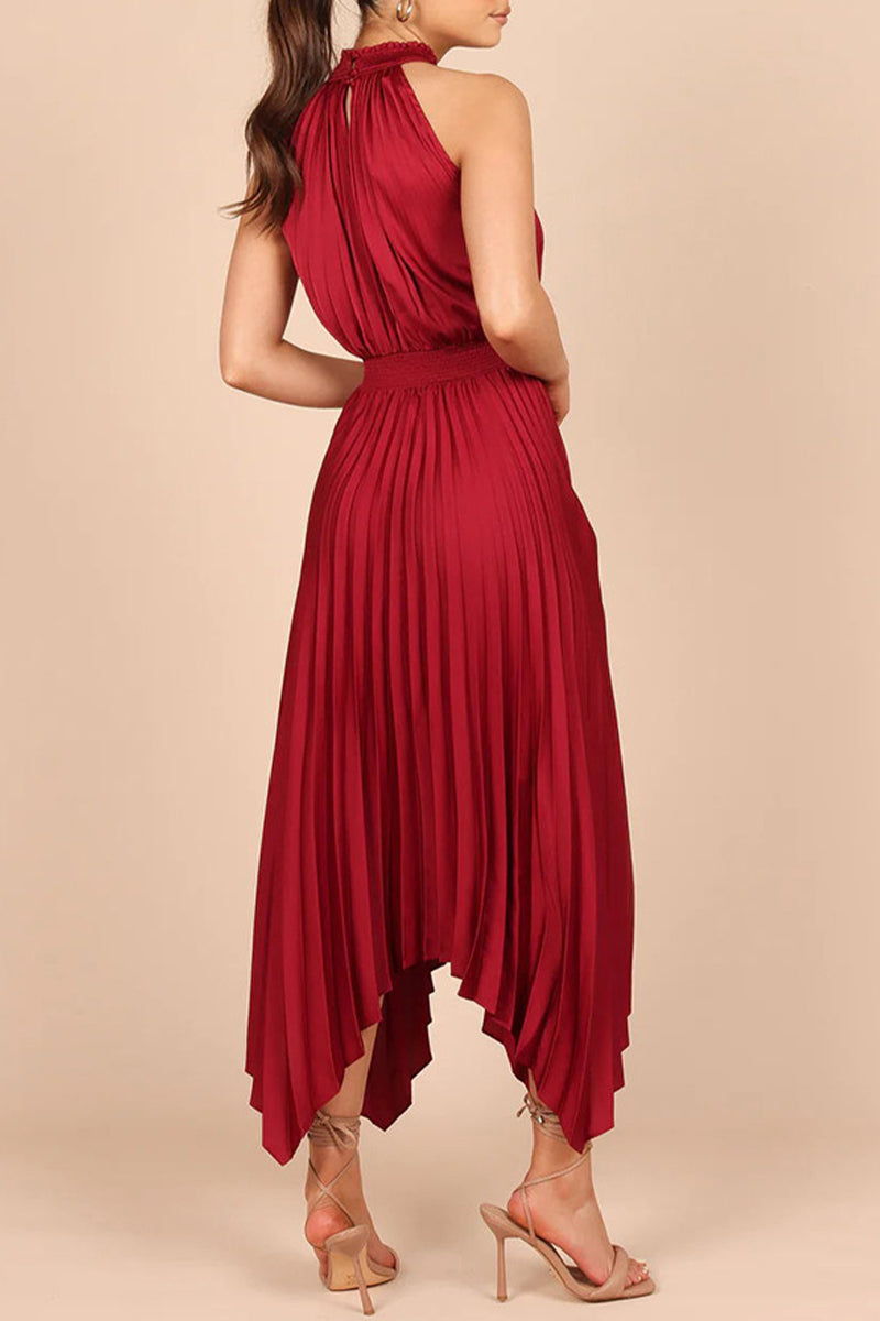 Sweet Elegant Solid Fold Asymmetrical Halter Irregular Dress Dresses