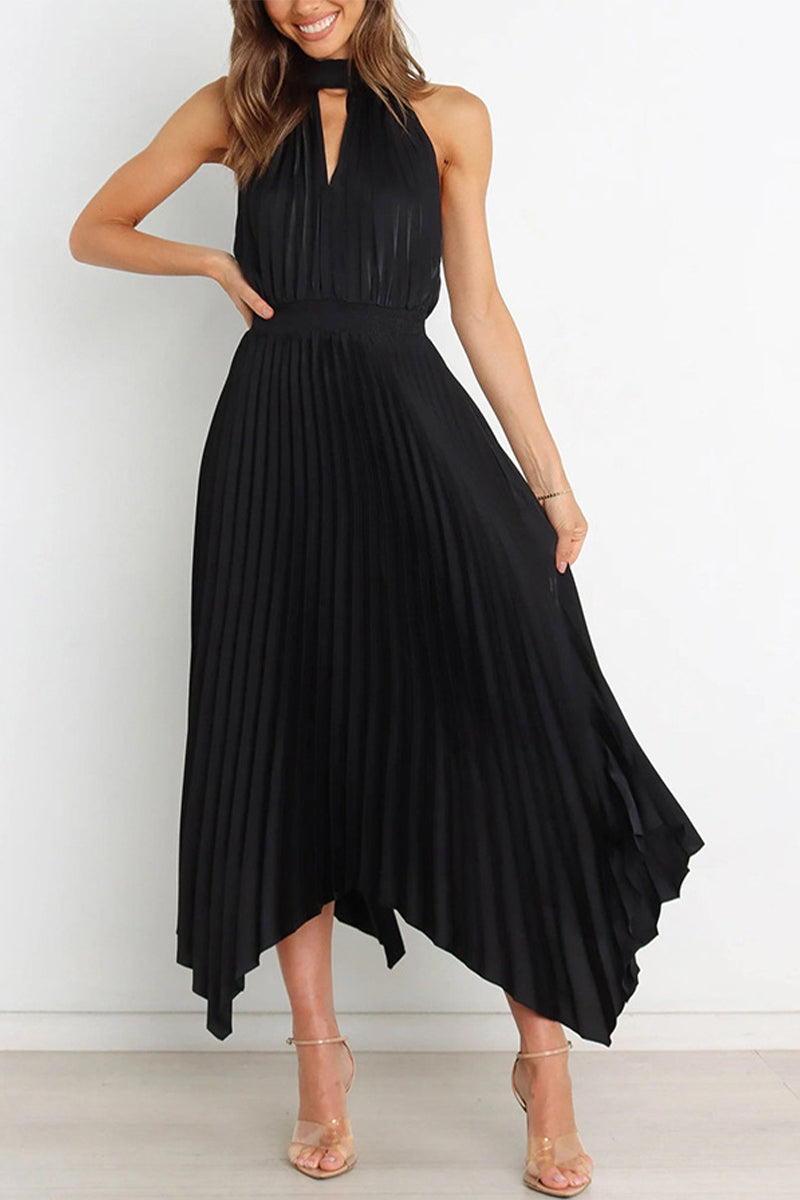 Sweet Elegant Solid Fold Asymmetrical Halter Irregular Dress Dresses