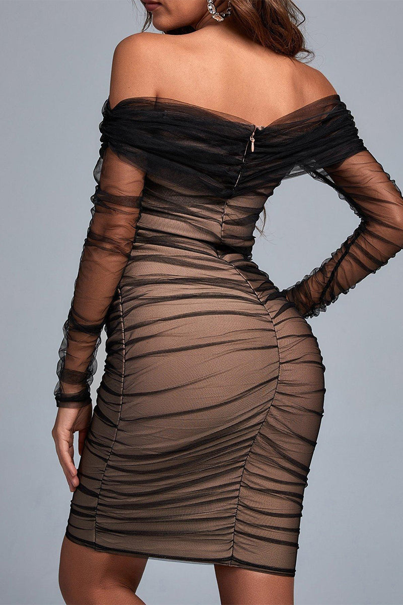 Rowena Ruched Mesh Bandage Midi Dress - Black