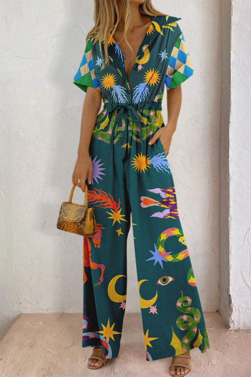 Casual Print Pocket Turndown Collar Loose Jumpsuits