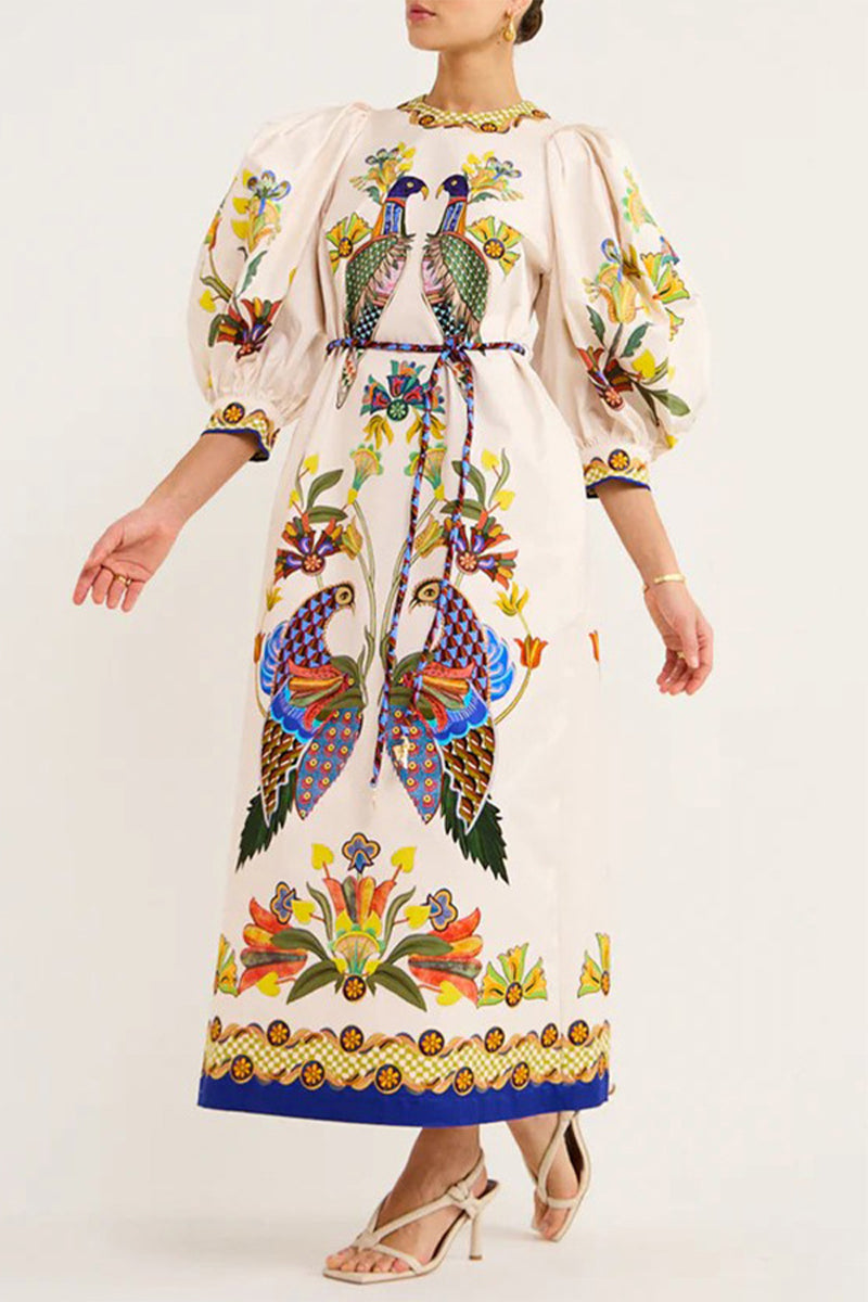 Casual Bohemian Print Patchwork O Neck One Step Skirt Dresses