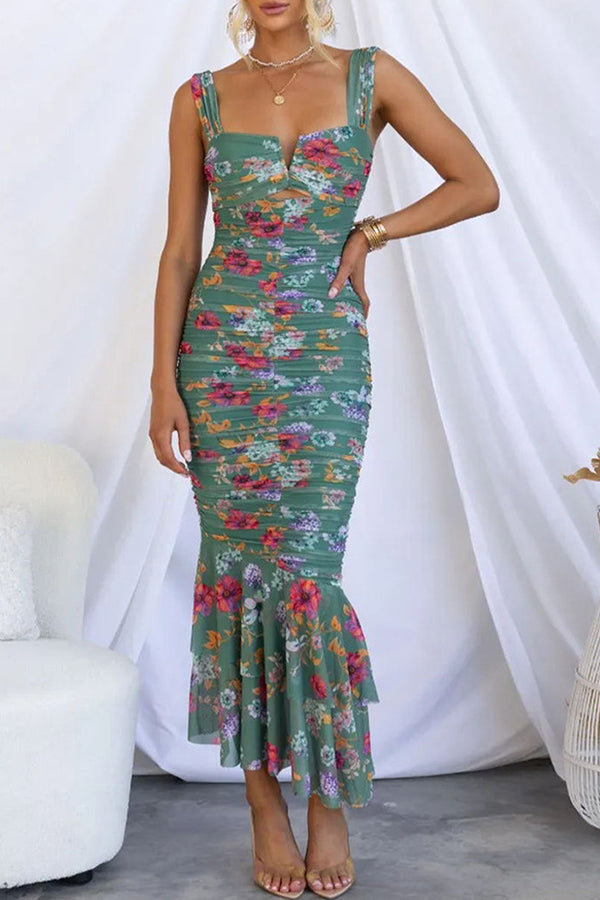 Elegant Floral Fold Square Collar Printed Dress Dresses