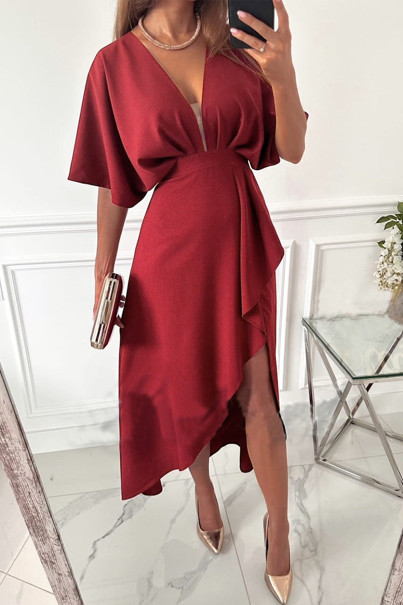 Elegant Solid Asymmetrical V Neck Irregular Dress Dresses