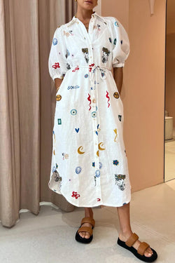 Casual Letter Print Digital Pocket Turndown Collar Shirt Dress Dresses