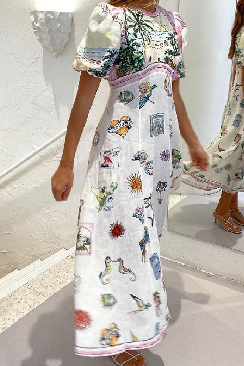 Casual Vintage Cartoon Print Patchwork O Neck A Line Dresses