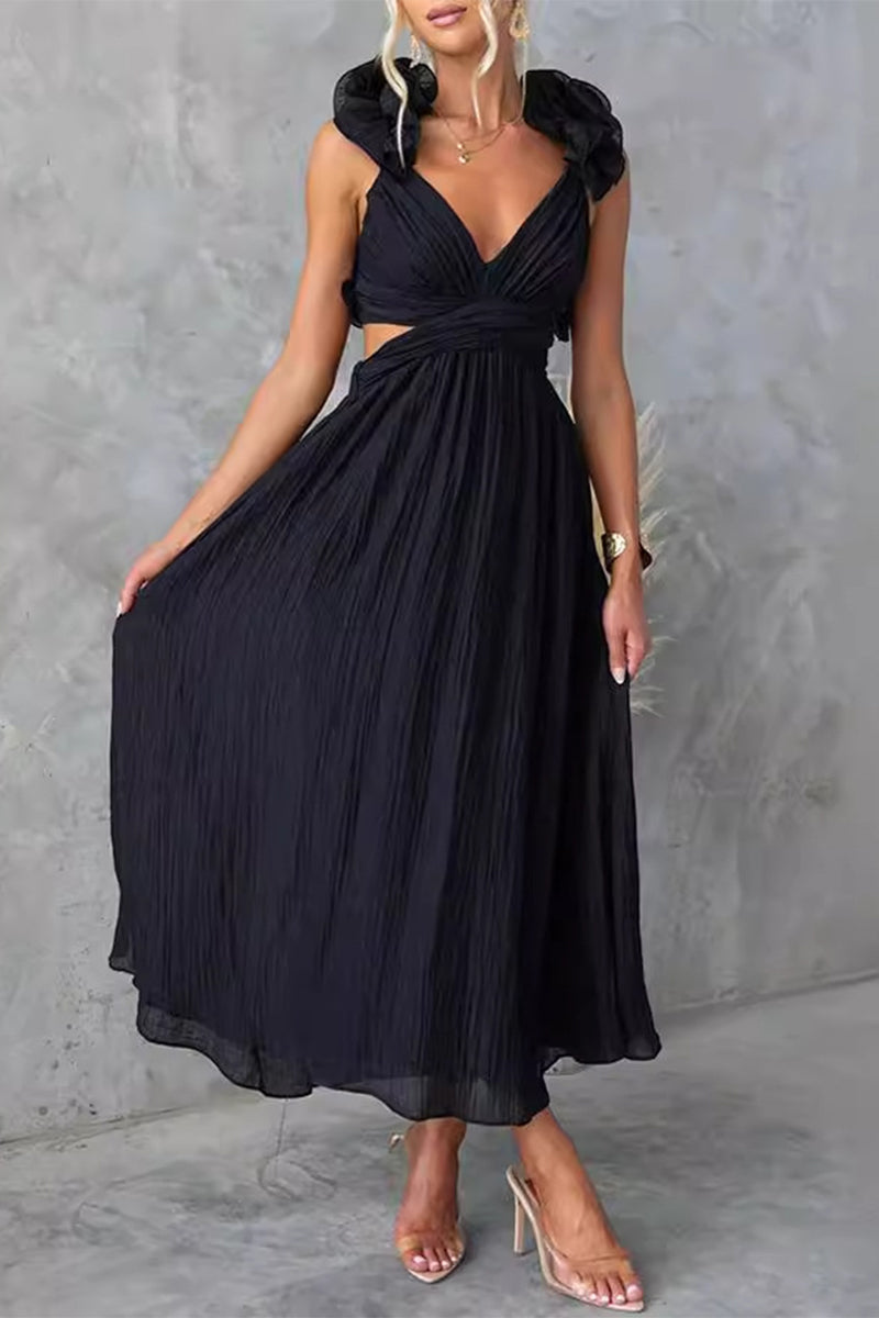 Sweet Elegant Solid Backless Strap Design V Neck A Line Dresses