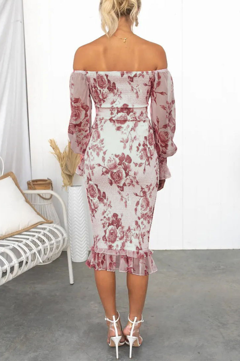 Sexy Flowers Patchwork Fold Off the Shoulder Wrapped Skirt Dresses