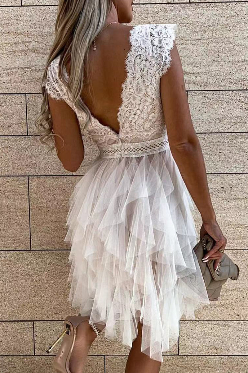 Sweet Solid Lace Asymmetrical Mesh V Neck Princess Dresses