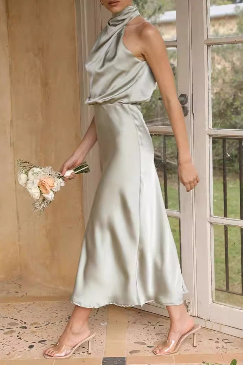 Elegant Solid Fold Turtleneck One Step Skirt Dresses