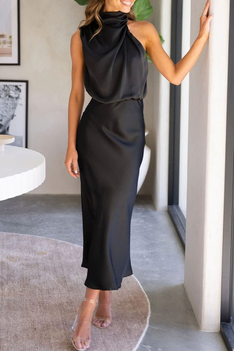 Elegant Solid Fold Turtleneck One Step Skirt Dresses