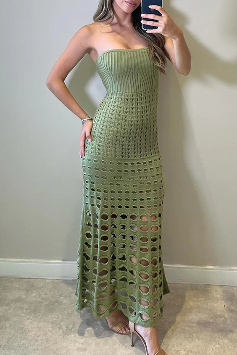 Sexy Vacation Solid Hollowed Out Strapless Beach Dresses