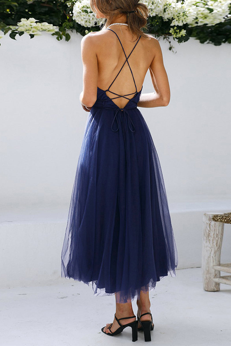 Sexy Formal Solid Frenulum Backless Mesh V Neck Evening Dresses