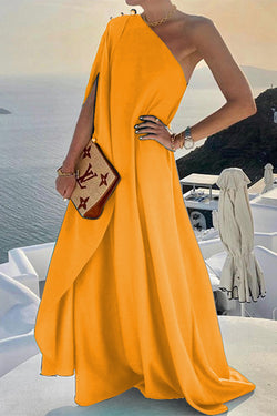 Elegant Solid Slit Asymmetrical Oblique Collar Irregular Dresses