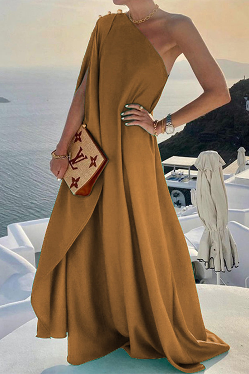 Elegant Solid Slit Asymmetrical Oblique Collar Irregular Dresses