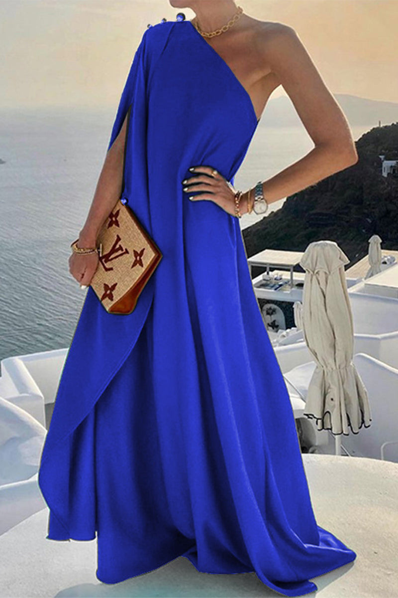 Elegant Solid Slit Asymmetrical Oblique Collar Irregular Dresses