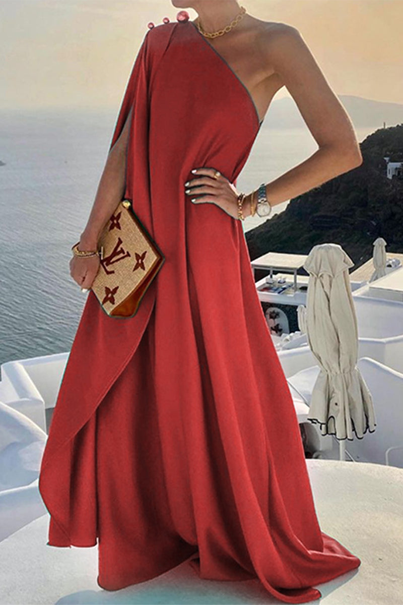 Elegant Solid Slit Asymmetrical Oblique Collar Irregular Dresses