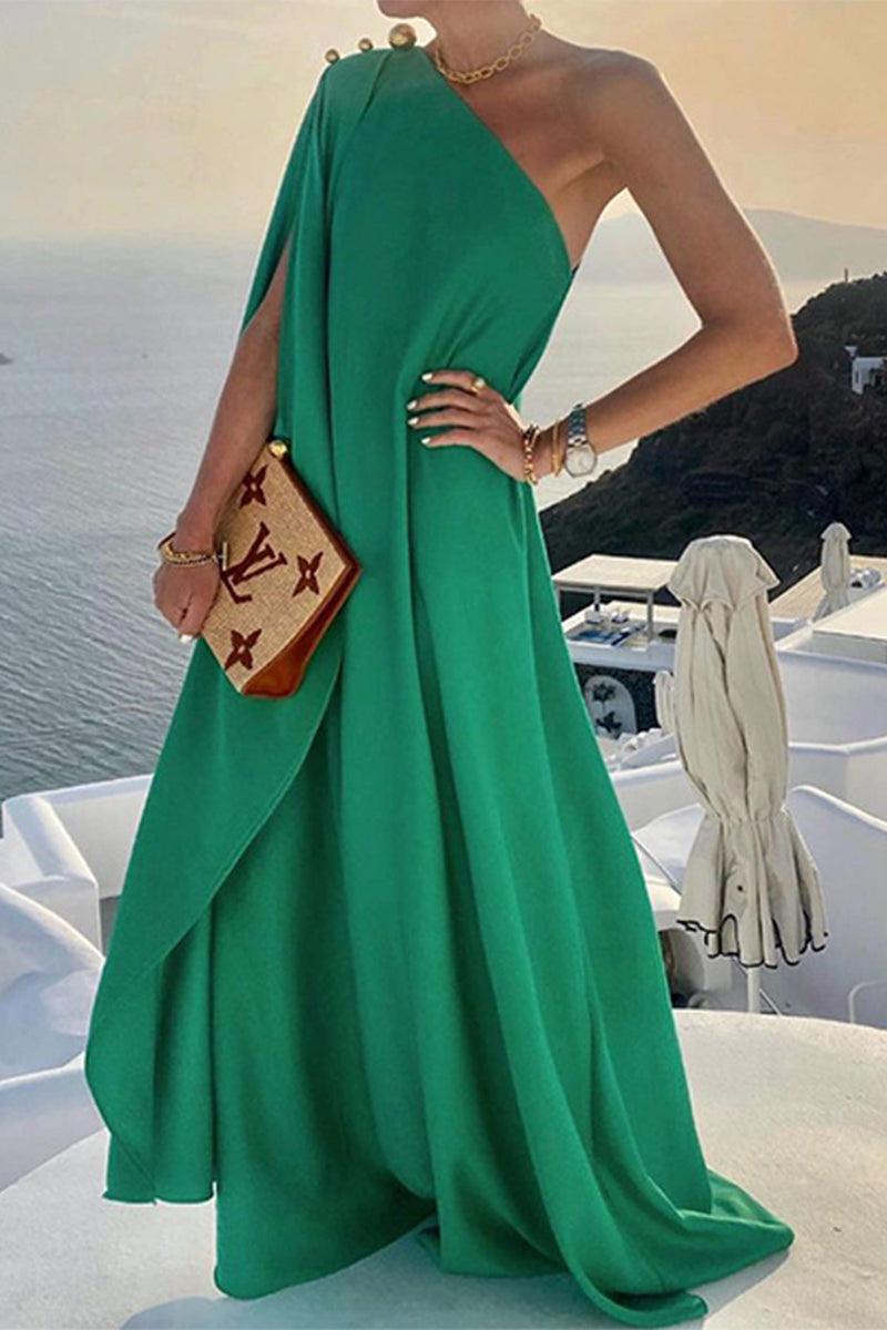 Elegant Solid Slit Asymmetrical Oblique Collar Irregular Dresses