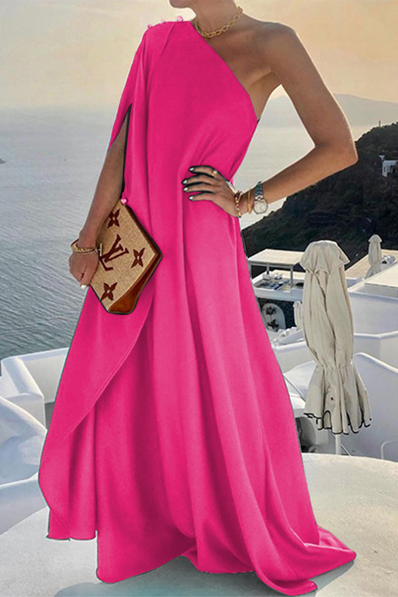 Elegant Solid Slit Asymmetrical Oblique Collar Irregular Dresses