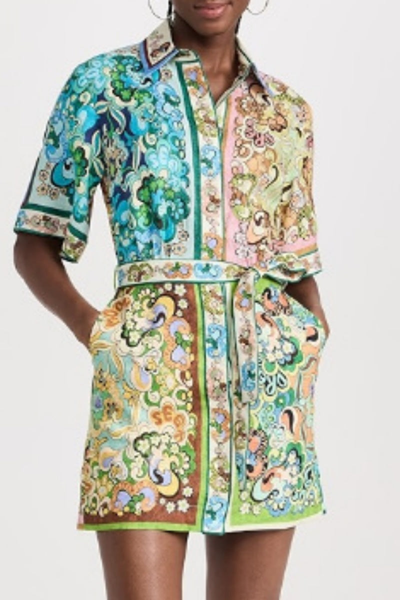 Casual Print Patchwork Turndown Collar Short Sleeve Short Sleeve Dress