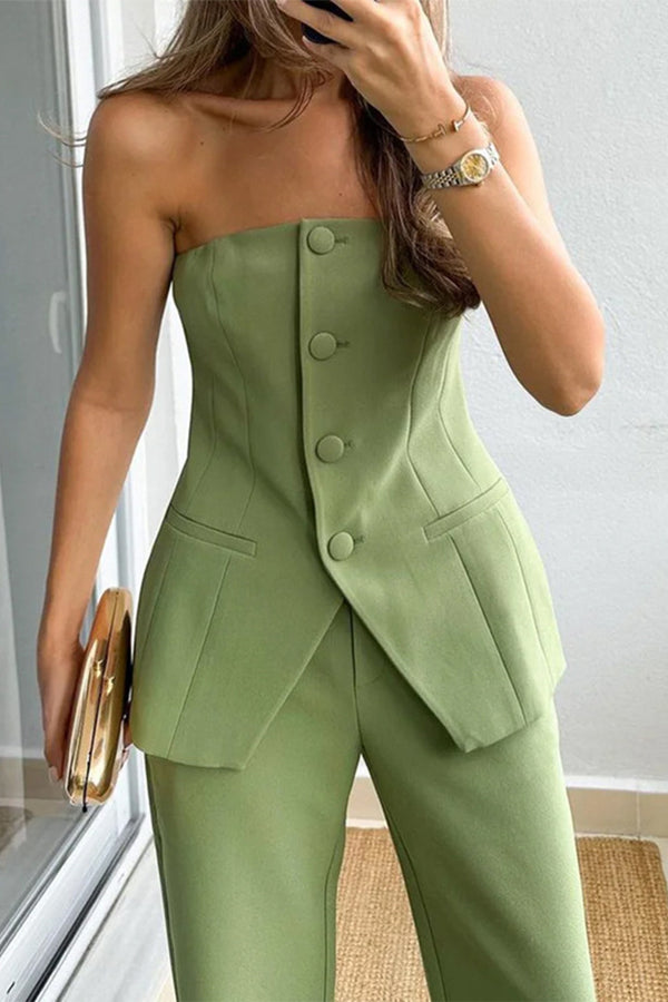 Sexy Simplicity Solid Buttons Strapless Sleeveless Two Pieces