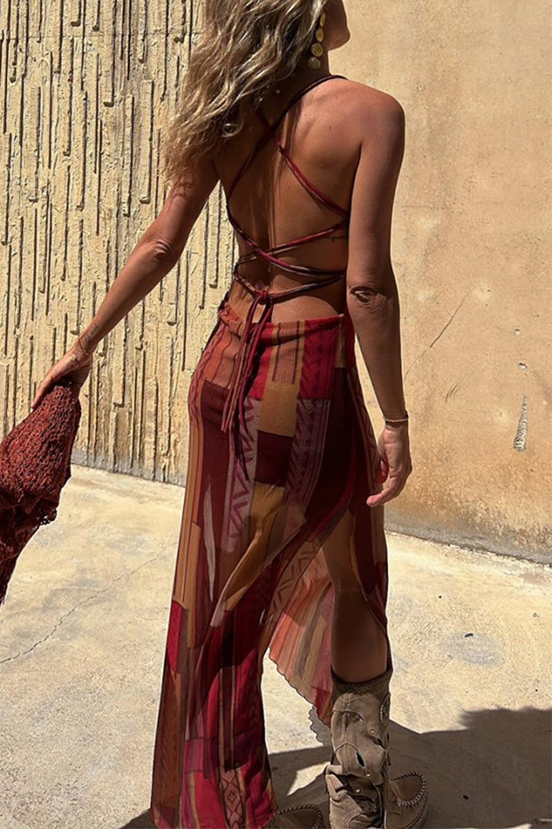 Sexy Geometric Print Backless Slit Strap Design Sling Dresses