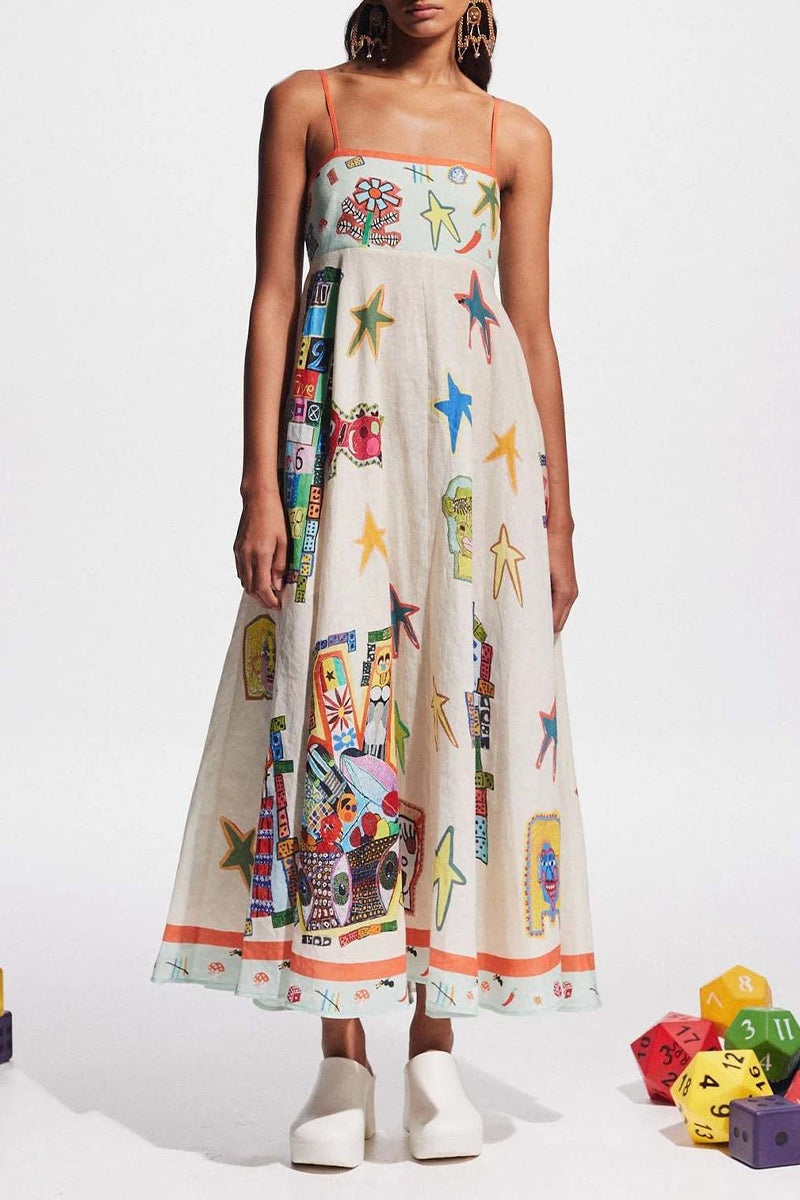 Casual Cartoon Print Patchwork Square Neck Sling Dresses