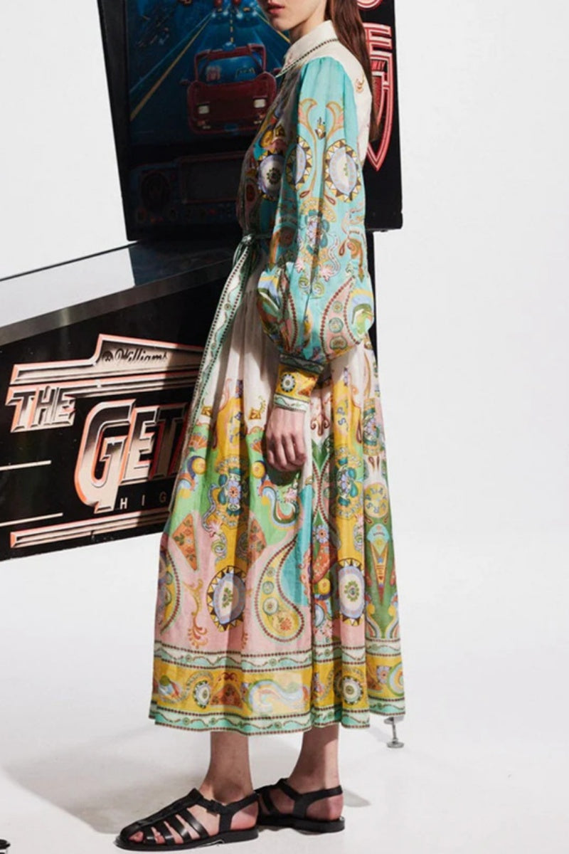 Casual Print Patchwork Turndown Collar Long Sleeve Dresses