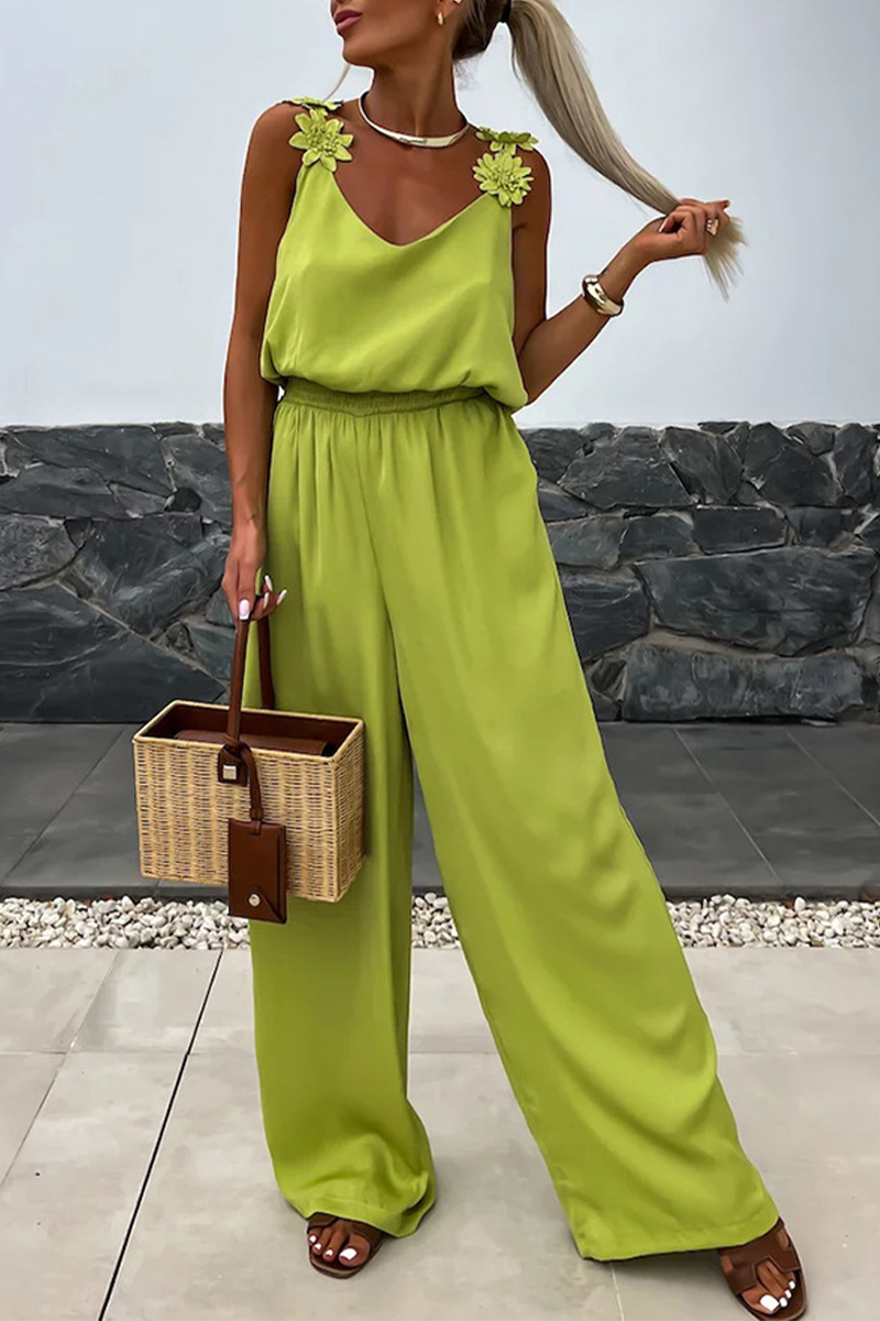 Casual Daily Solid Color Pocket Flower Shape V Neck Loose Jumpsuits