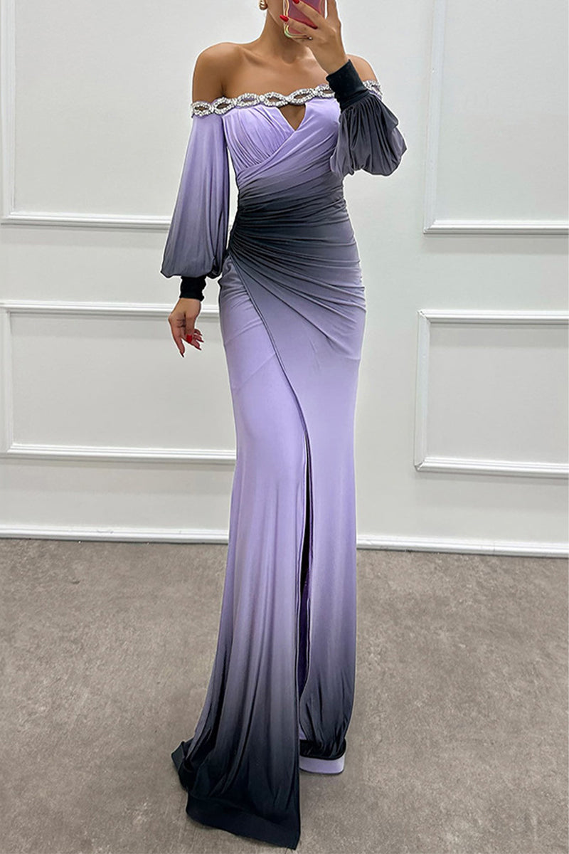 Sexy Prom Gradient Print Slit Ruched Contrast Off Shoulder Long Dresses