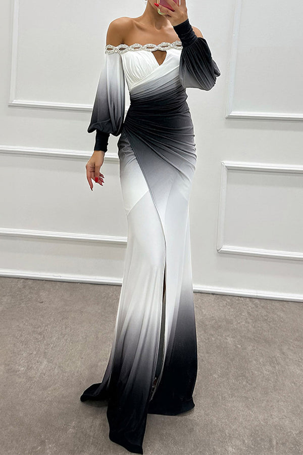 Sexy Prom Gradient Print Slit Ruched Contrast Off Shoulder Long Dresses