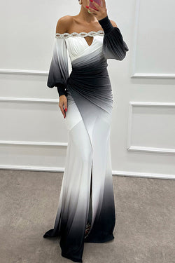 Sexy Prom Gradient Print Slit Ruched Contrast Off Shoulder Long Dresses