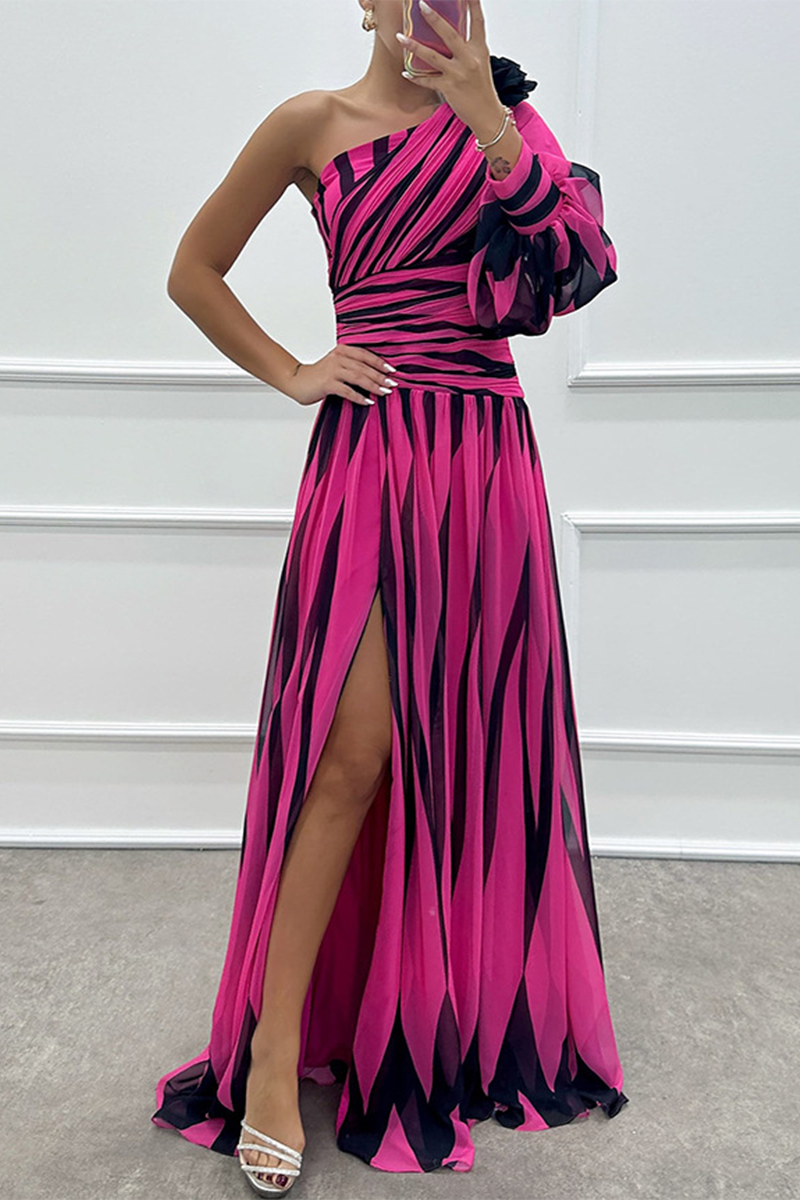 Sexy Prom Striped Print Slit Irregular Sloping Shoulder Evening Dresses