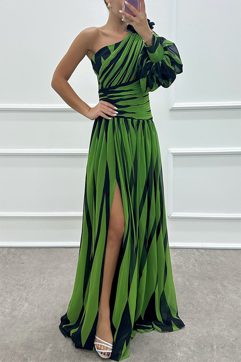 Sexy Prom Striped Print Slit Irregular Sloping Shoulder Evening Dresses