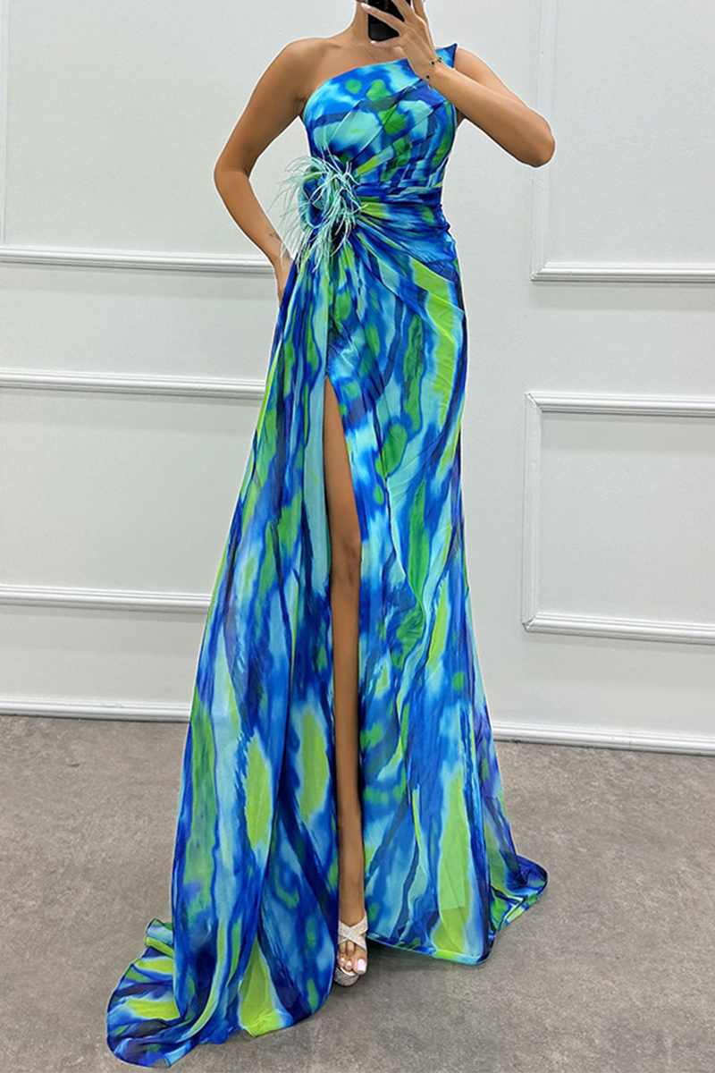 Sexy Prom Ombre Print Slit Irregular Contrast Sloping Shoulder Evening Dresses