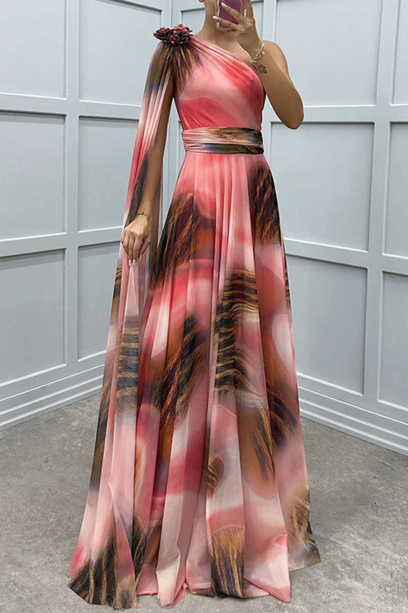 Prom Elegant Animal Print Irregular Contrast Sloping Shoulder Irregular Dresses