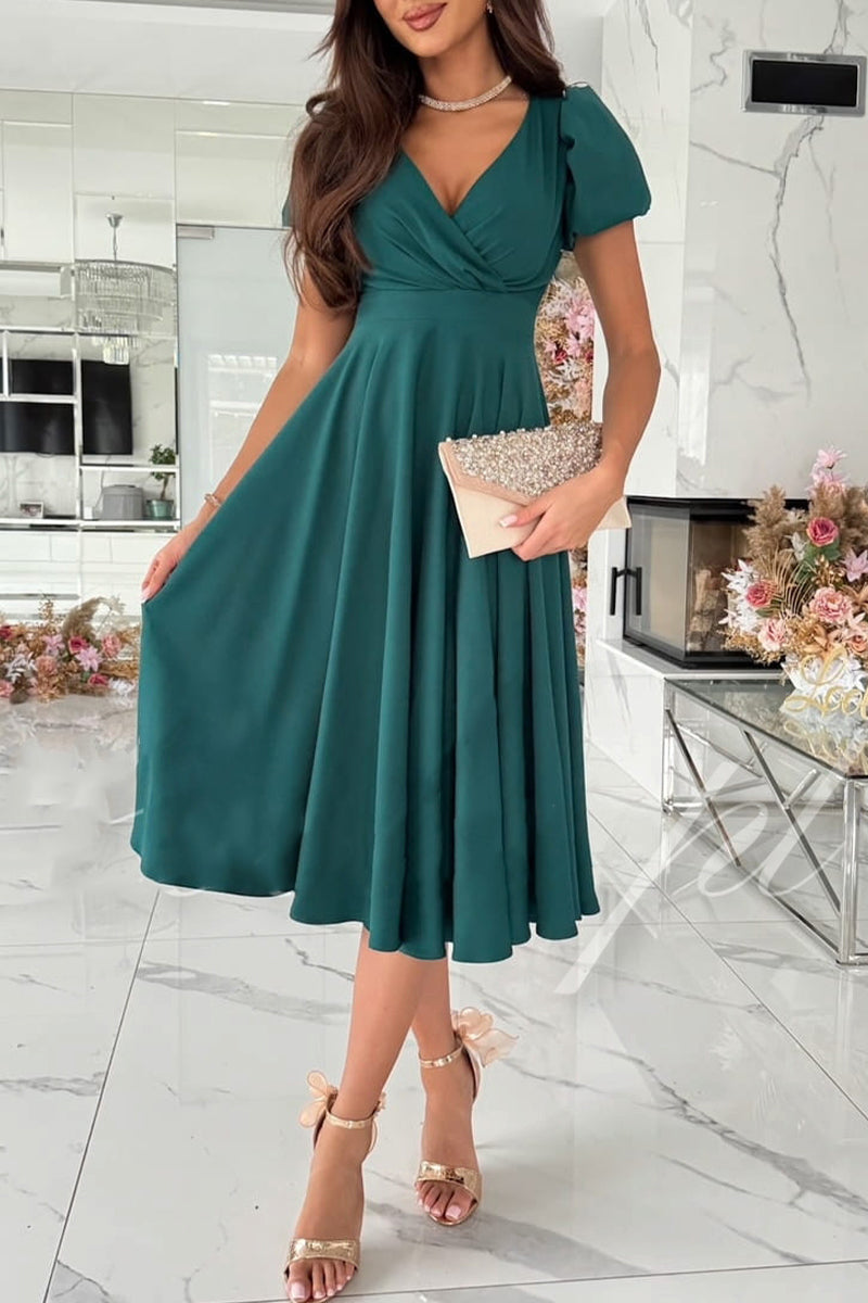 Sexy Solid Color Ruched V Neck A Line Dresses