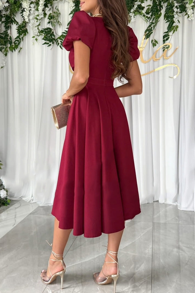 Sexy Solid Color Ruched V Neck A Line Dresses