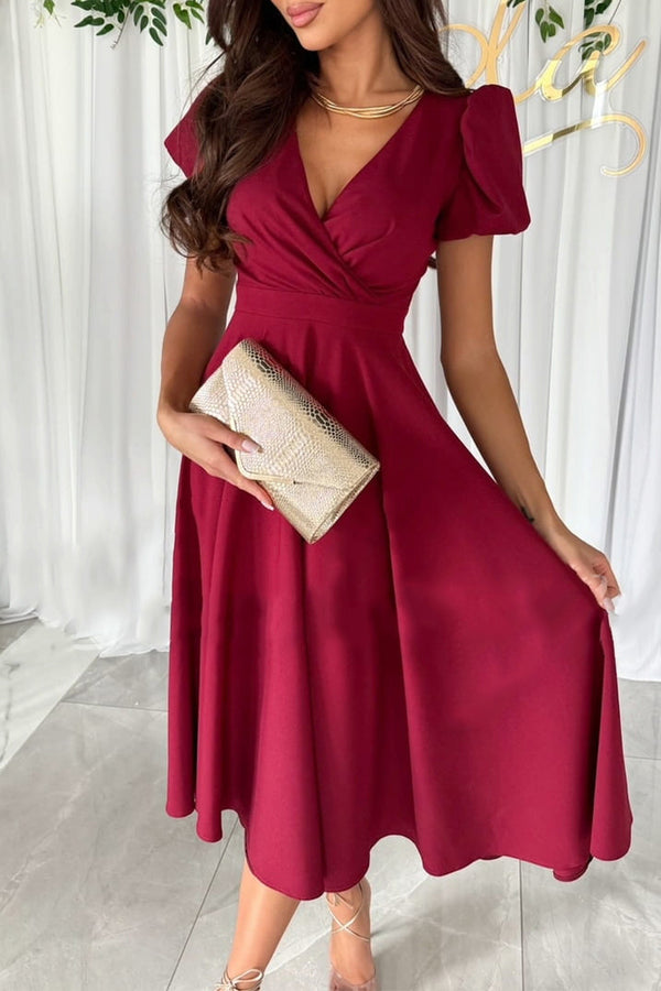 Sexy Solid Color Ruched V Neck A Line Dresses