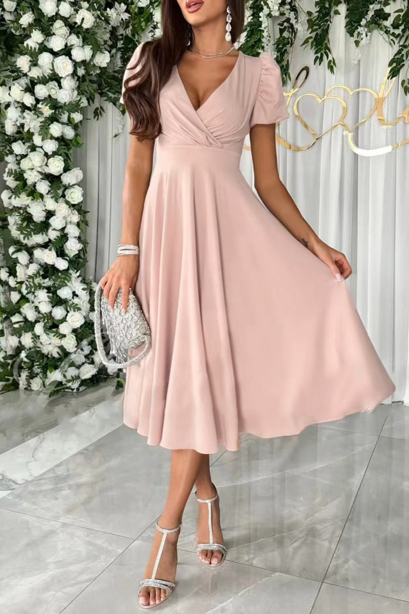 Sexy Solid Color Ruched V Neck A Line Dresses